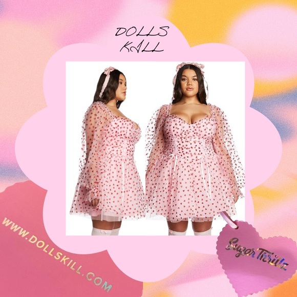 XL Sugar Thrillz Dress Heavenly Affair Babydoll Pink Tulle Red Glitter Hearts - Picture 3 of 3